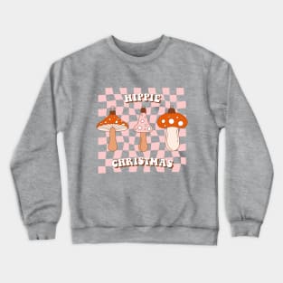 Vintage Merry Mushrooms. Retro vintage Christmas groovy toys of mushroom on checkerboard background. Crewneck Sweatshirt